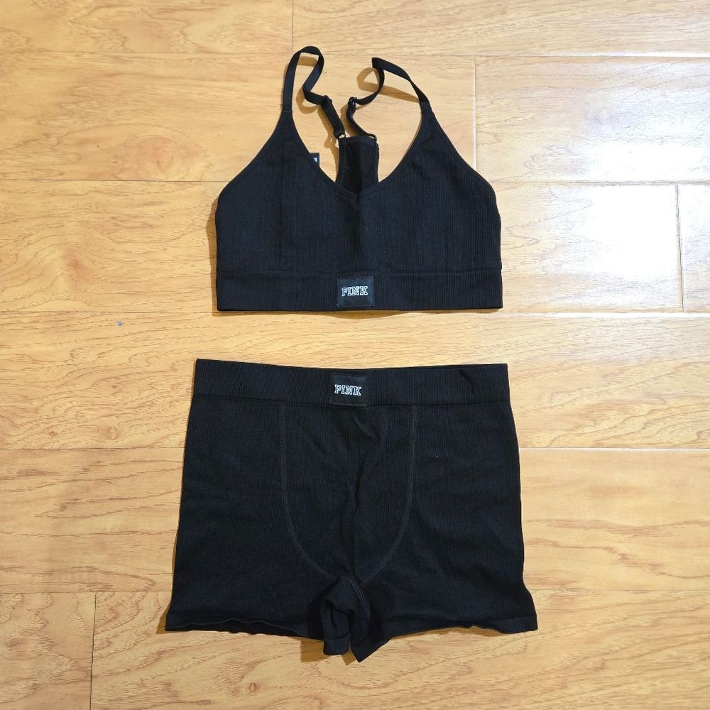 Pink Victoria Secret Black Sports Bra and Shorts Set